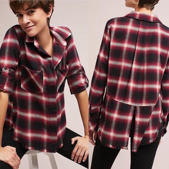 Anthropologie Cloth Stone Split Back Plaid Shirt Size Medium Flannel Bohemian‎ M - Picture 10 of 13